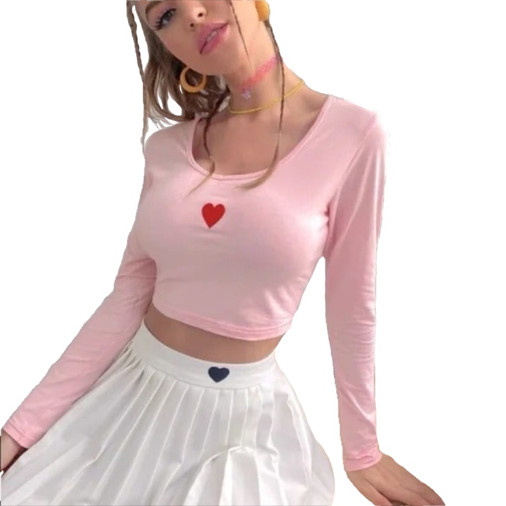 LNWT - Dreamy Baby Pastel Pink Heart Embroidered Long Sleeve Crop Top - S